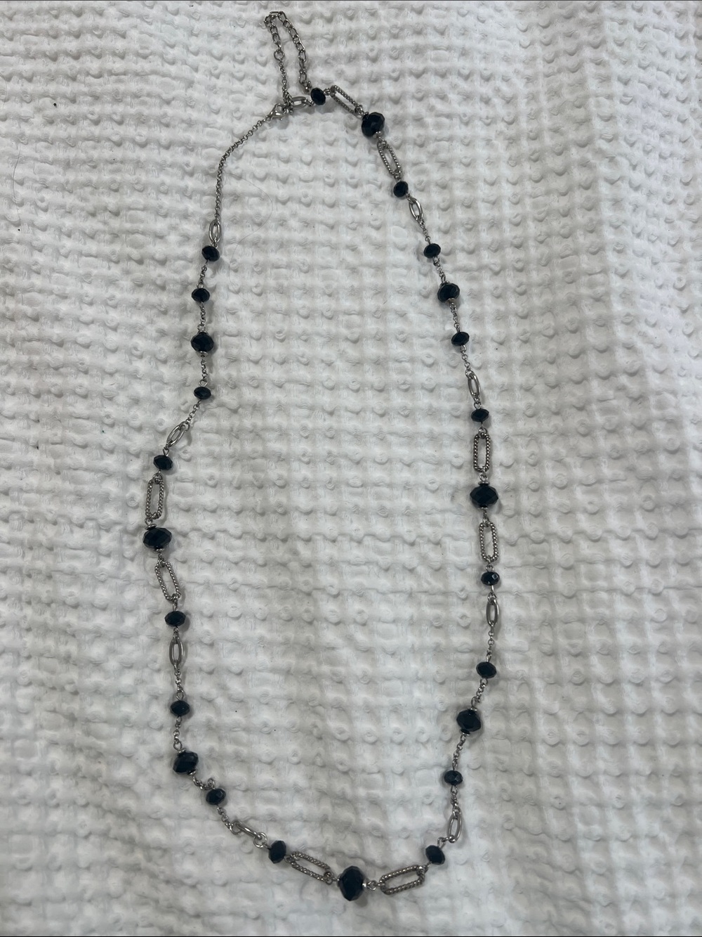 Black Bead Silver-Link Long Necklace